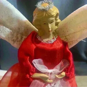 Vintage Christmas Tree Topper Angel, Blonde Hair, Red Dress, approximately‎ 9.5”